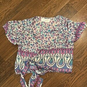 Pink and Blue Floral Crop Top with Ruffled Sleeves